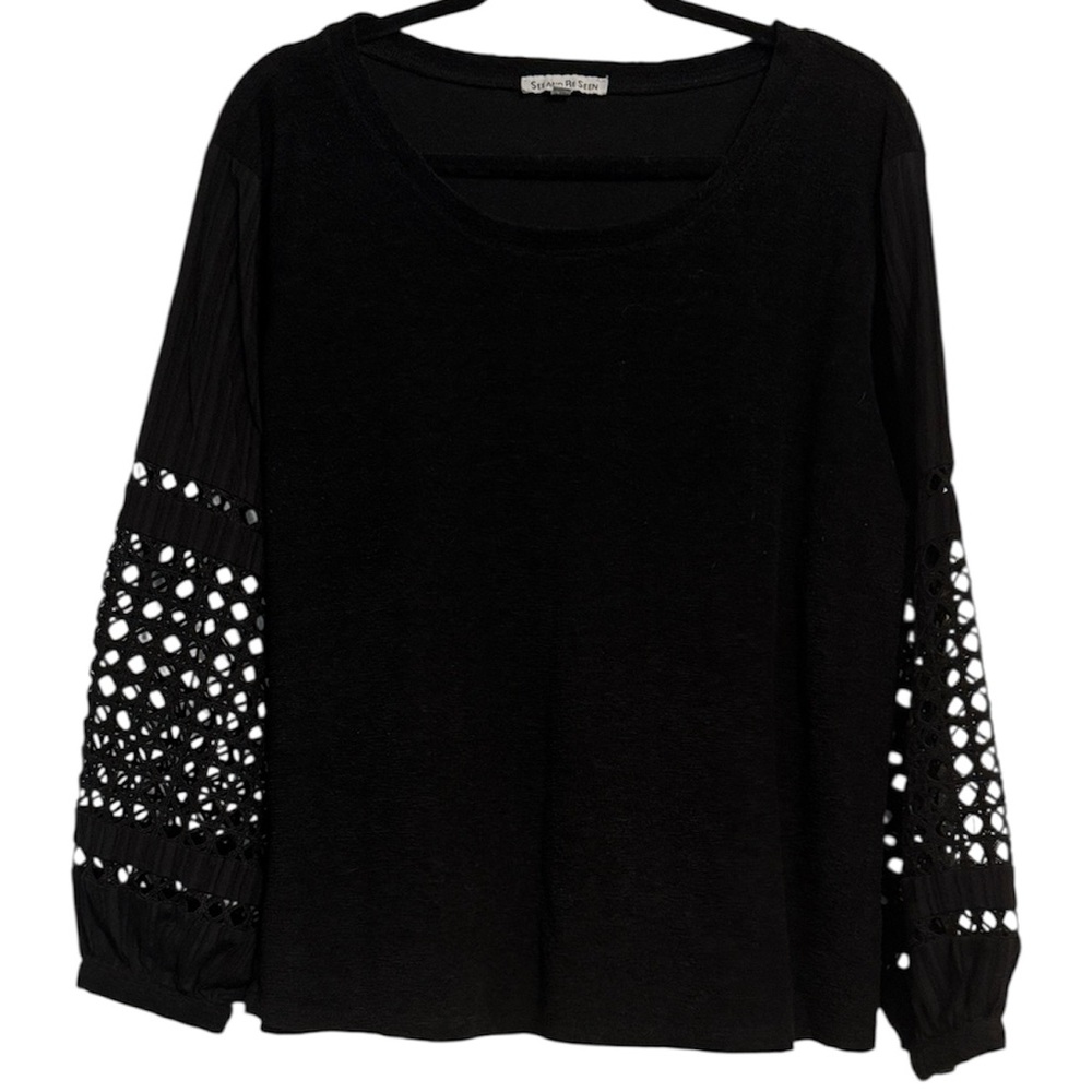 ☀️ See and Be Seen Black Crochet Arm Detail Long Sleeve Blouse